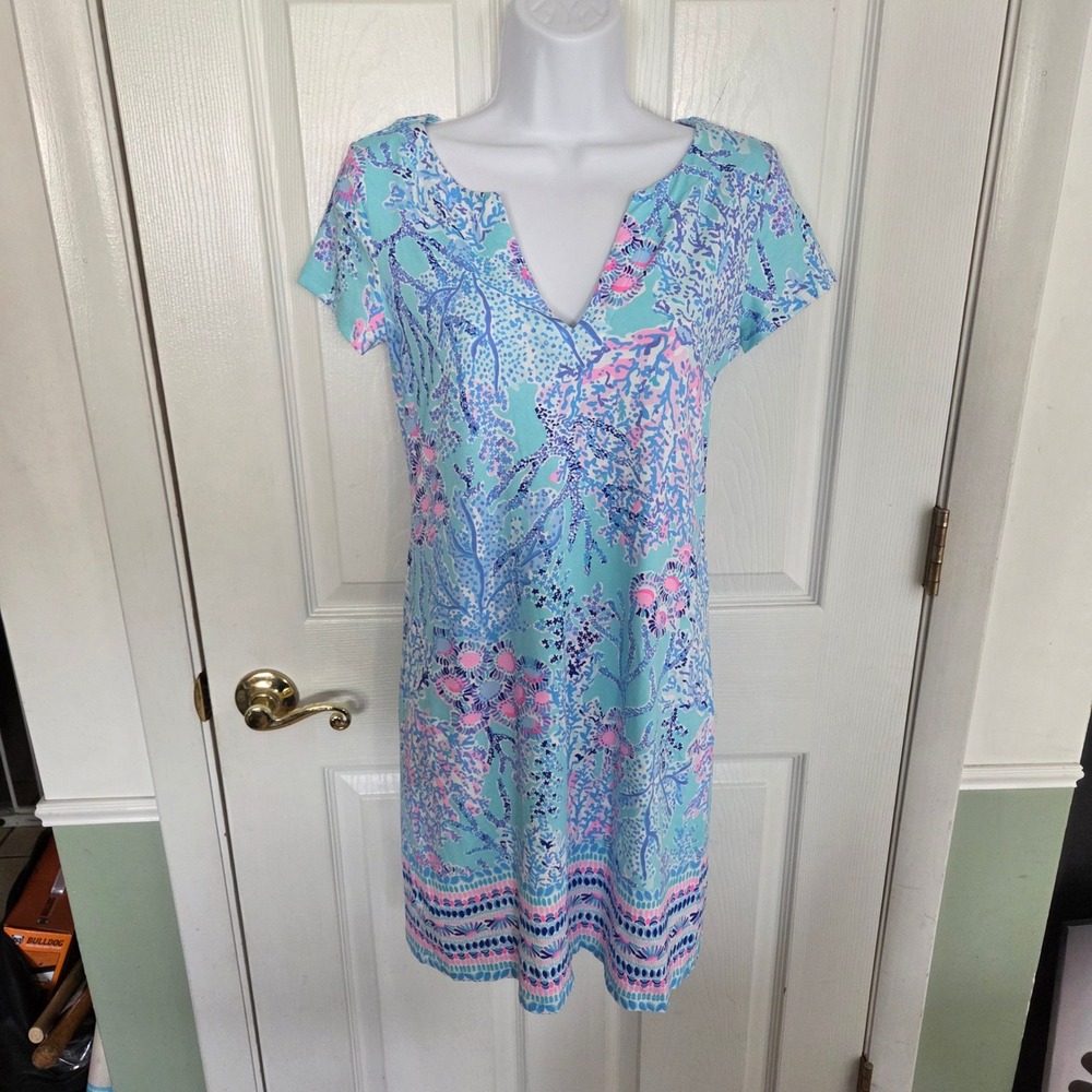 Lilly Pulitzer Sophie Dress XS Blue Pink Coral Reef Print Notch Neck Shift Mini